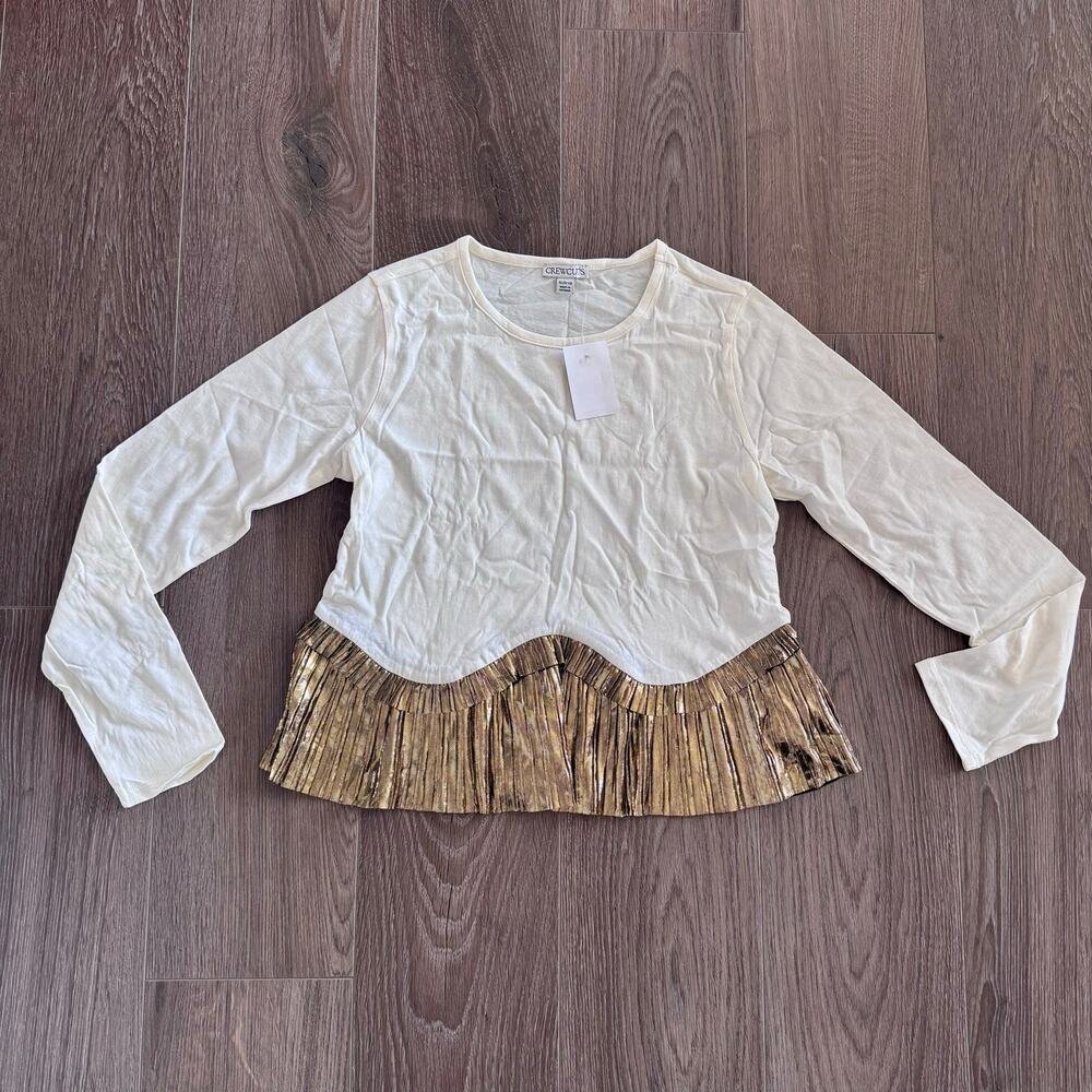 JCrew peplum top shirt pleated hem ivory cream gold metallic Girls XLarge 12/13